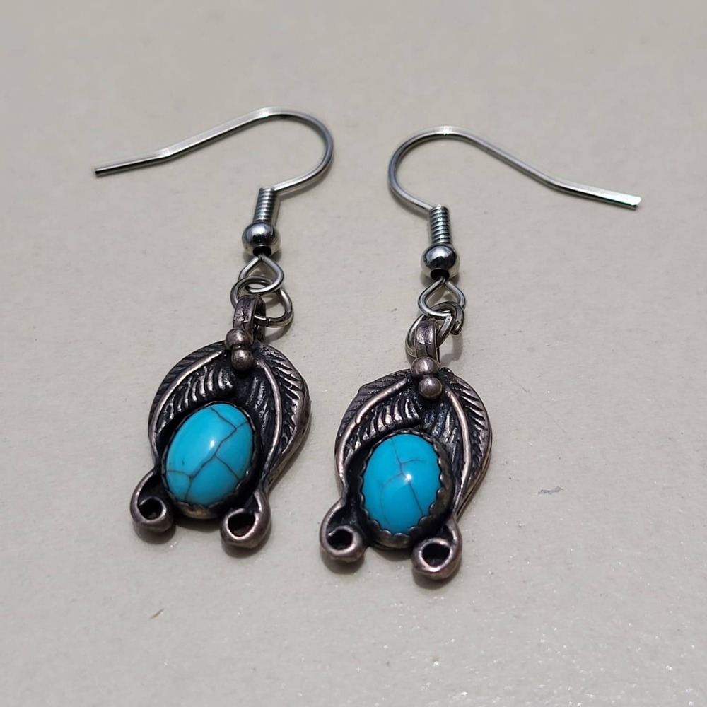 Vintage 925 Sterling Silver Turquoise Dangle Earrings Blue Southwestern Feather - Picture 7 of 8
